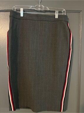 Express Charcoal Plaid Pencil Skirt with Red, White & Black Side Stripes